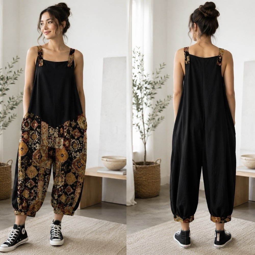 Bohemian Patchwork Overalls Mushroom Floral Multi Color Hippie Bib Dungarees